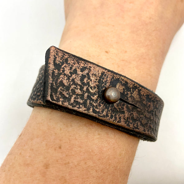 Rustic Chunky Copper and Black Leather Mandala Cuff Bracelet - Platypus Max