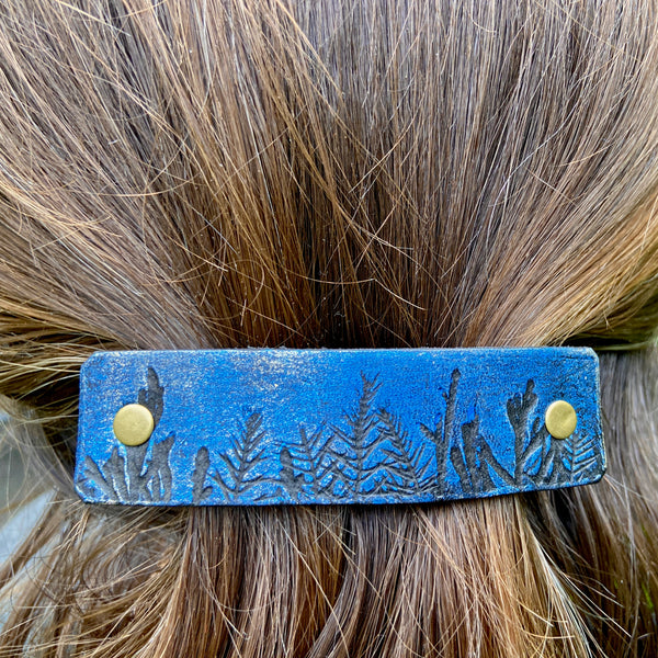 Moonlit Forest Trees Blue & Gold Leather Hair Barrette
