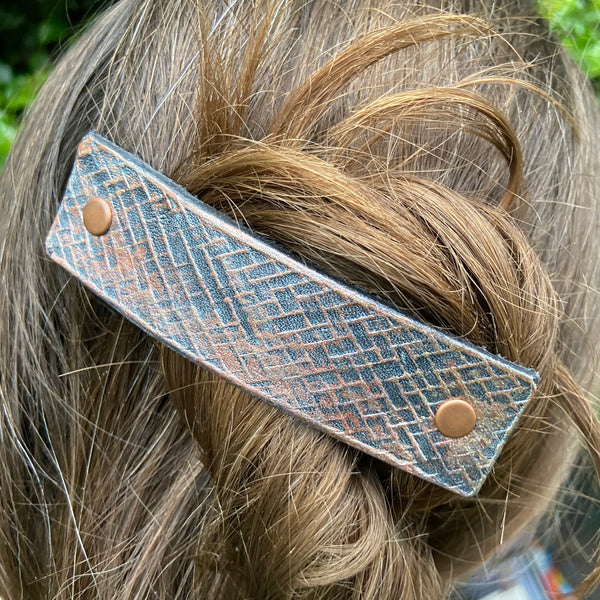 Bronze Weave Textured Leather Hair Clip / Barrette for Men or Women