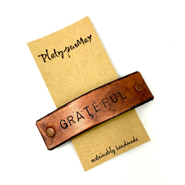 Custom Text Message / Stamped Words, Name, ZIP Code Leather Barrette