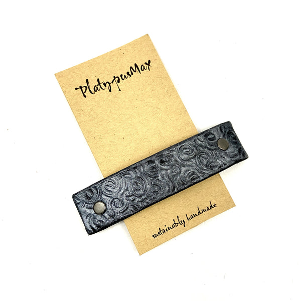 Gunmetal / Dark Silver Leather Barrette with Rustic Spirals Texture