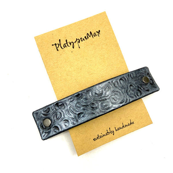 Gunmetal / Dark Silver Leather Barrette with Rustic Spirals Texture