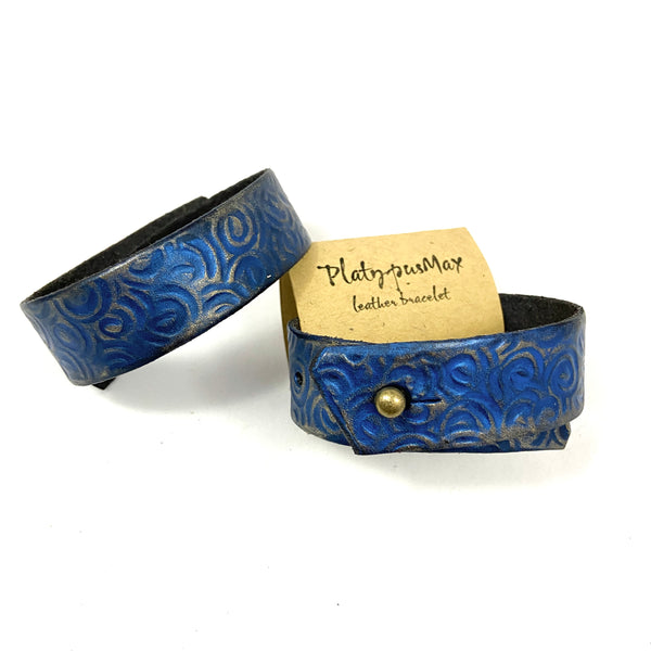 Lapis Blue & Gold Leather Cuff Bracelet with Rustic Spirals Texture