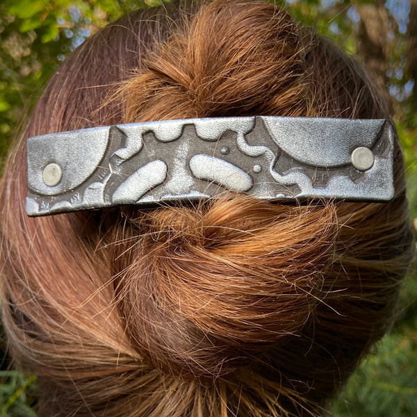 Silver Bicycle Gears Stamped Leather Barrette