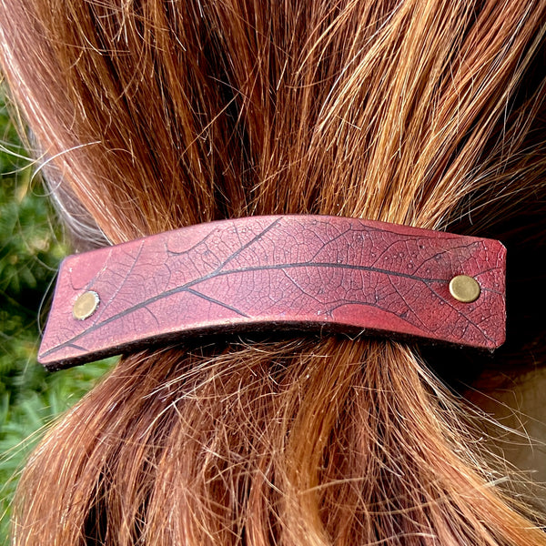 Fall Crimson Red Leather Oak Leaf Large Barrette
