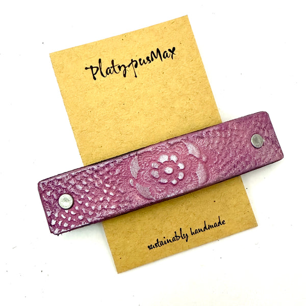Rustic Pink Pewter Lace Flower Leather Hair Barrette