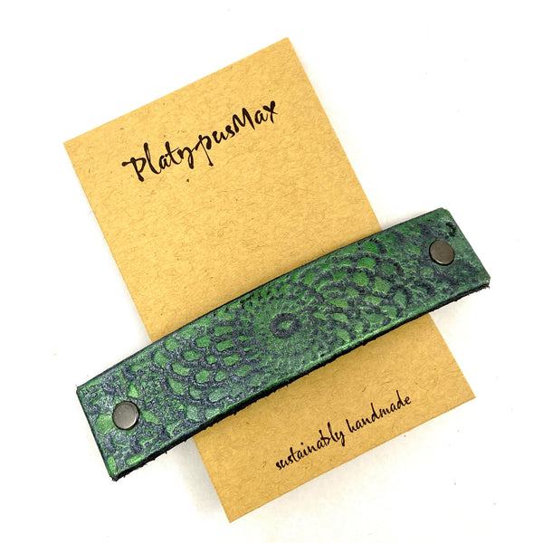Metallic Emerald Green and Silver Embossed Mandala Leather Hair Barrette