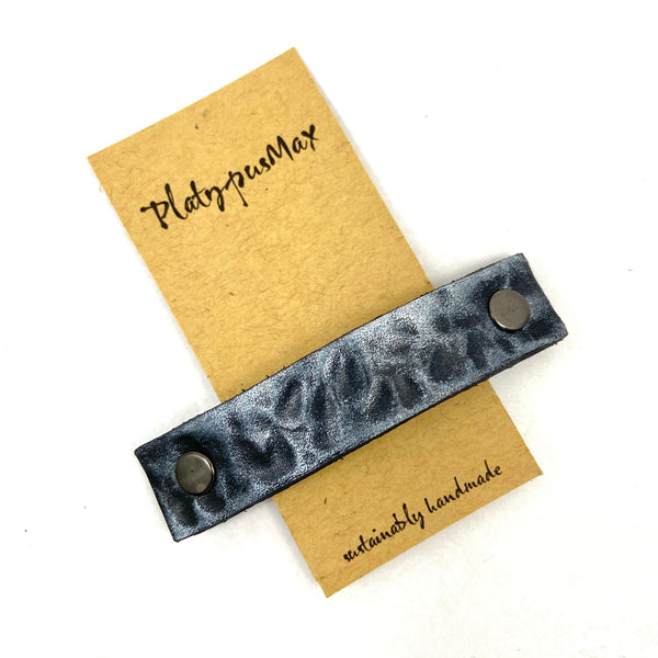 Hammered Gunmetal Barrette, Upcycled Leather, Rustic Style