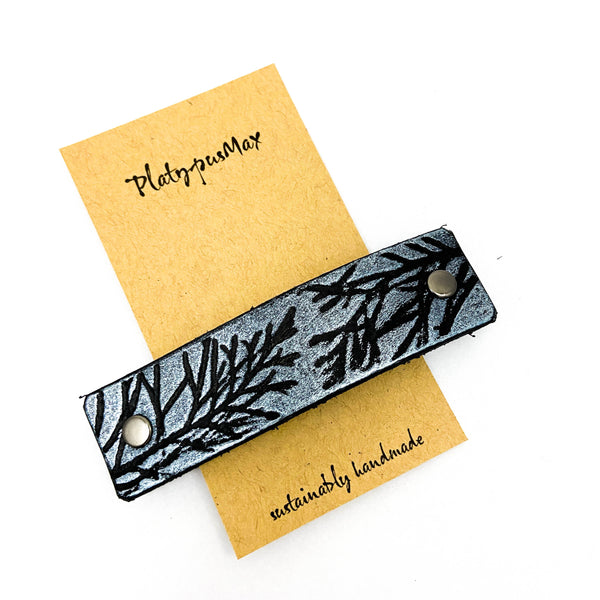 Silver Juniper Branches Leather Hair Barrette