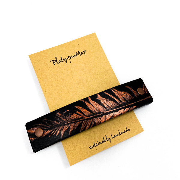 Copper Feather on Black Leather Hair Barrette - Handmade
