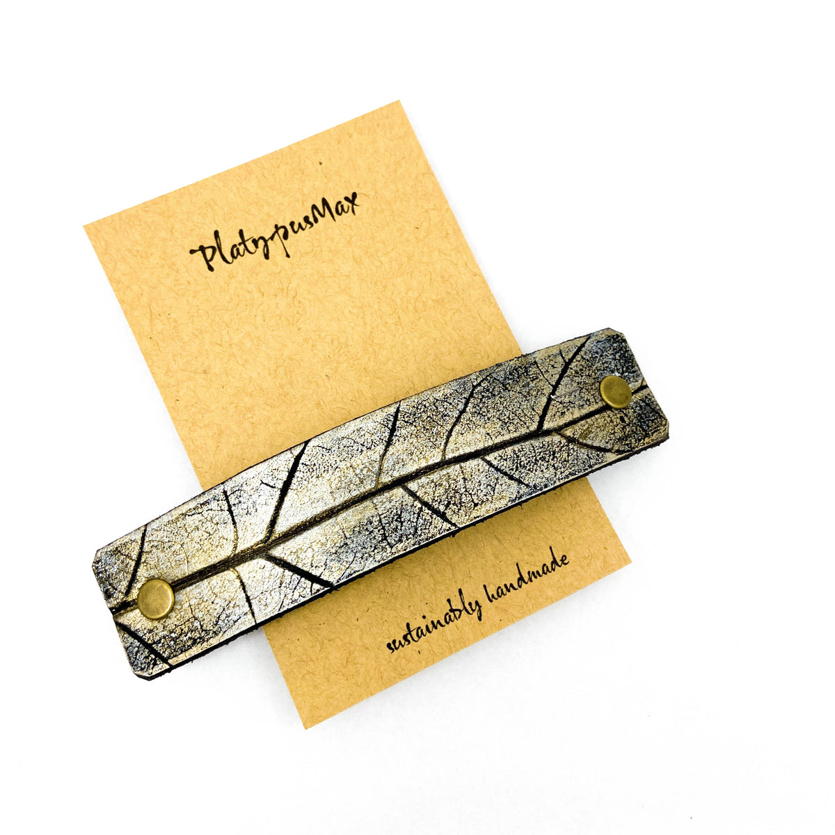 Silver Gold Upcycled Leather Hair Barrette with Oak Leaf 