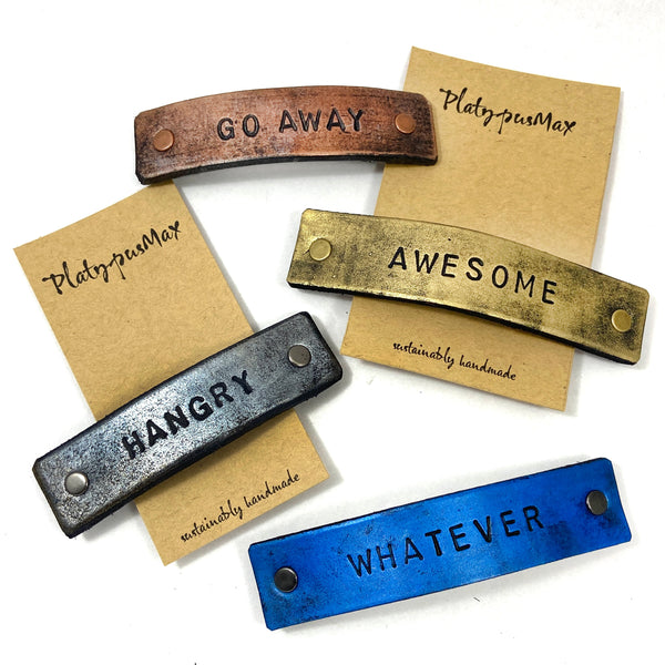 Custom Text Message / Stamped Words, Name, ZIP Code Leather Barrette