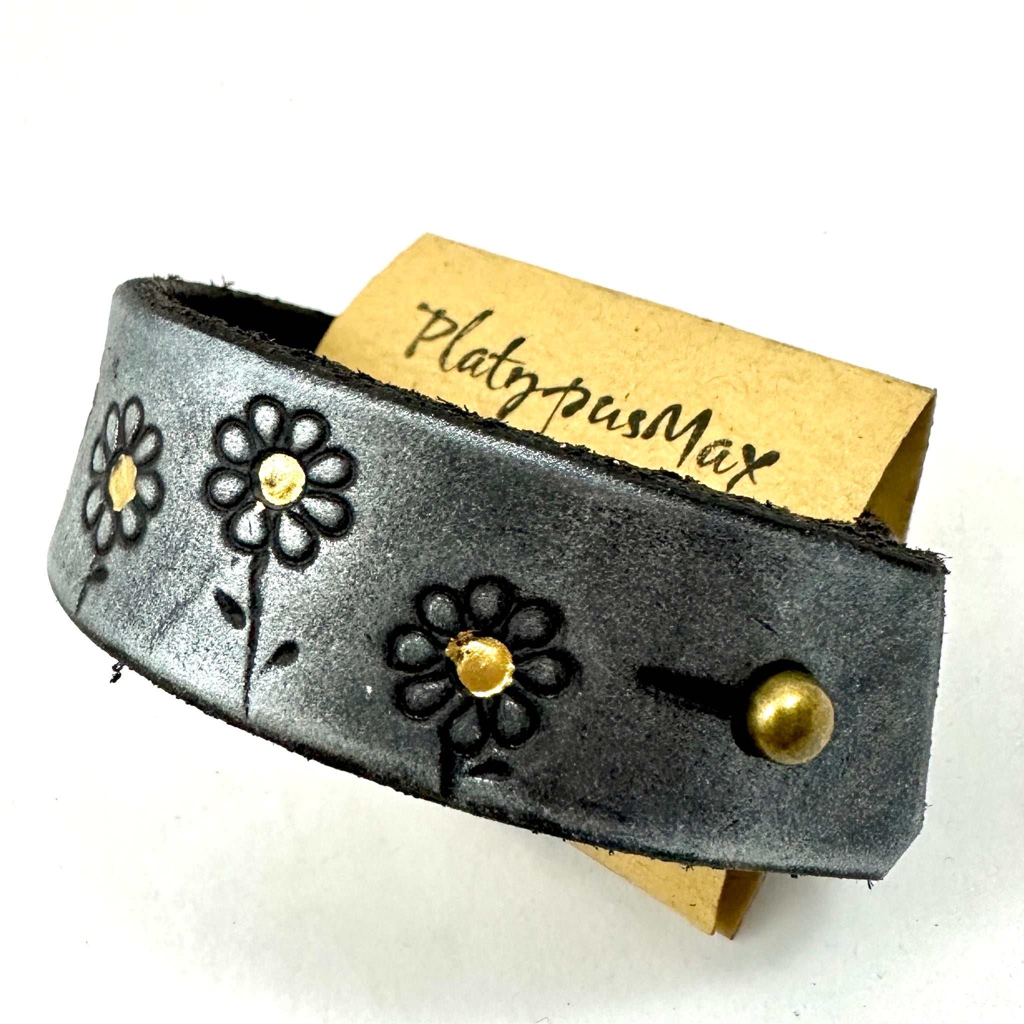 Flower Chid Silver and Gold Daisies Embossed Leather Wide Cuff Bracelet
