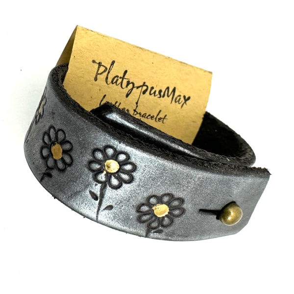 Flower Chid Silver and Gold Daisies Embossed Leather Wide Cuff Bracelet