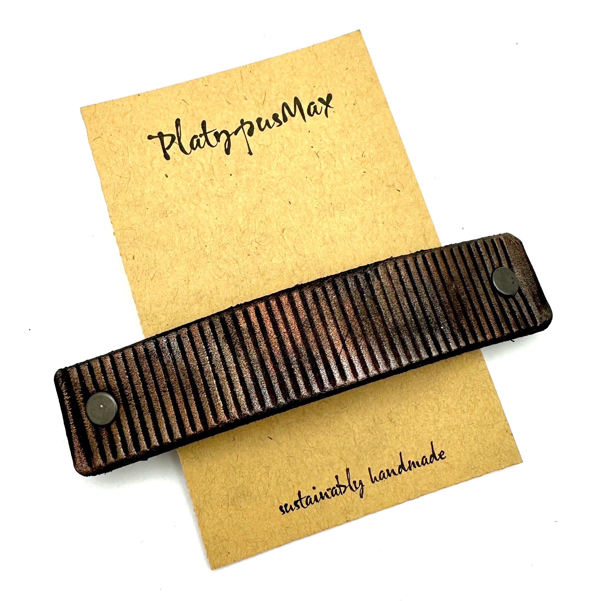 Rustic Dark Copper Ridges Leather Hair Barrette