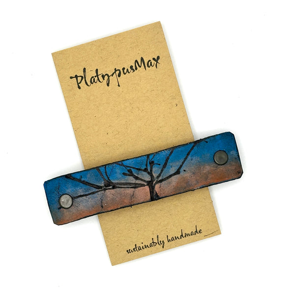 Winter Sunset Tree Silhouette Leather Hair Barrette