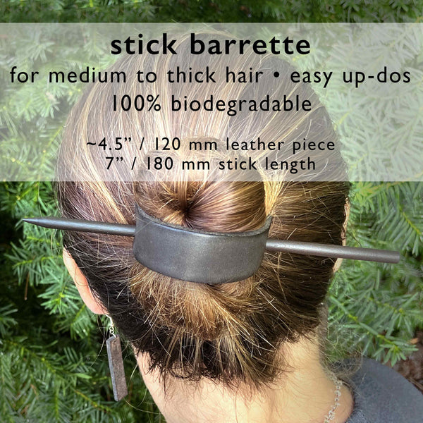 White Feather Print on Black Leather Hair Barrette