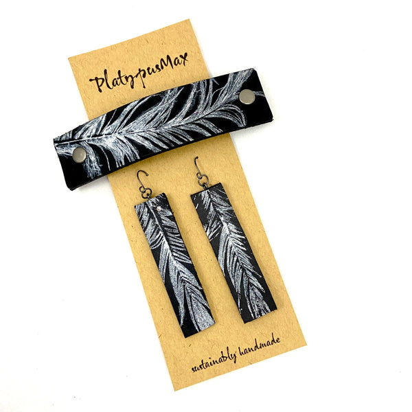 Silver Feather on Black Leather Barrette and Earring Gift Set - Platypus Max