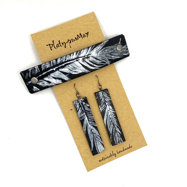 Silver Feather on Black Leather Barrette and Earring Gift Set - Platypus Max