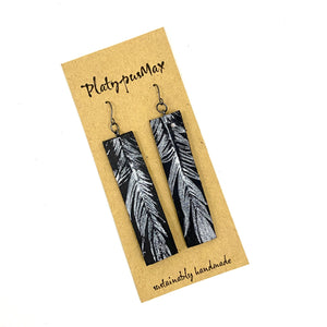 Silver Feather on Black Leather Long Bar Earrings - Platypus Max