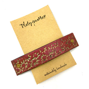 Candy Apple Red & Gold Starburst Stamped Leather Hair Barrette