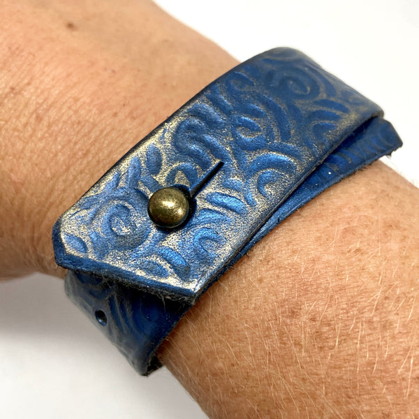 Lapis Blue & Gold Leather Cuff Bracelet with Rustic Spirals Texture