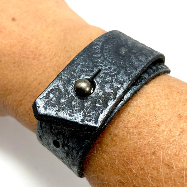 Oxidized Silver and Black Leather Mandala Cuff Bracelet