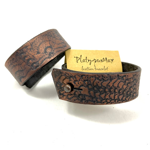 Rustic Chunky Copper and Black Leather Mandala Cuff Bracelet