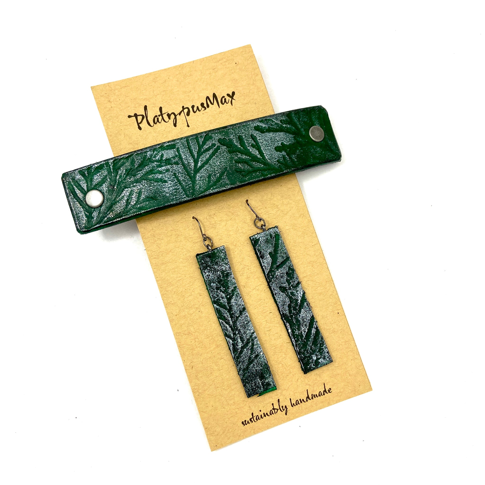Green & Juniper Branches Barrette and Earring Gift Set - Platypus Max