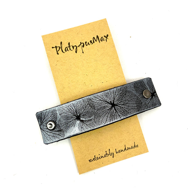 Silver Pressed Hydrangea Flowers Embossed Leather Hair Clip
