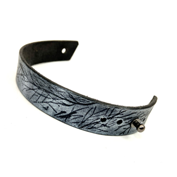 Silver and Black Juniper Branches Leather Cuff Bracelet