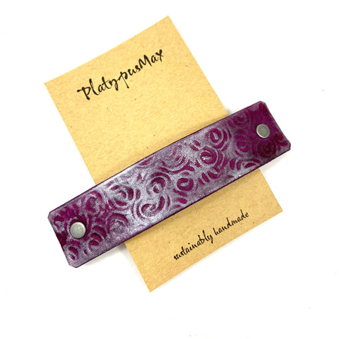 Purple and Silver Spirals Embossed Leather Hair Clip Barrette