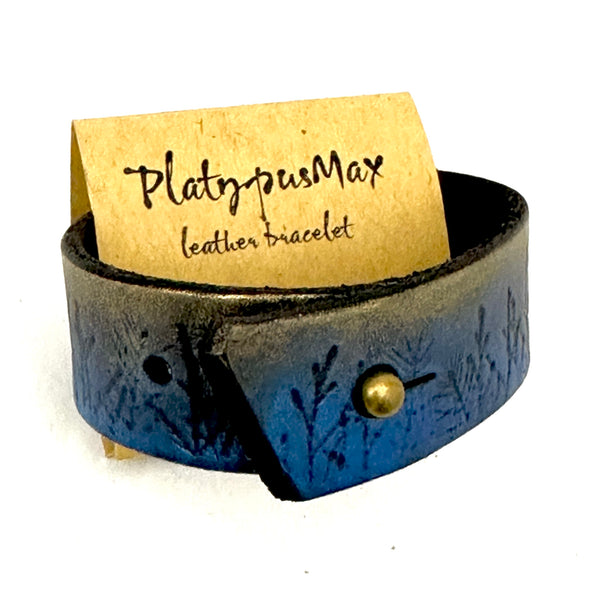 Moonlit Forest Trees Blue and Gold Forest Trees Leather 1" Wide Cuff Bracelet