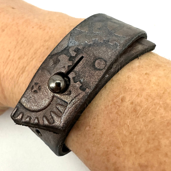 Copper & Gunmetal Gears Leather Cuff Bracelet