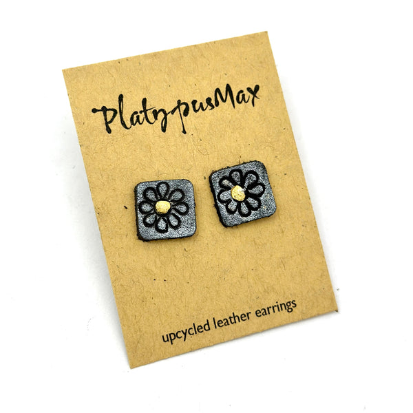 Silver Daisy Textured Leather Square Stud Earrings