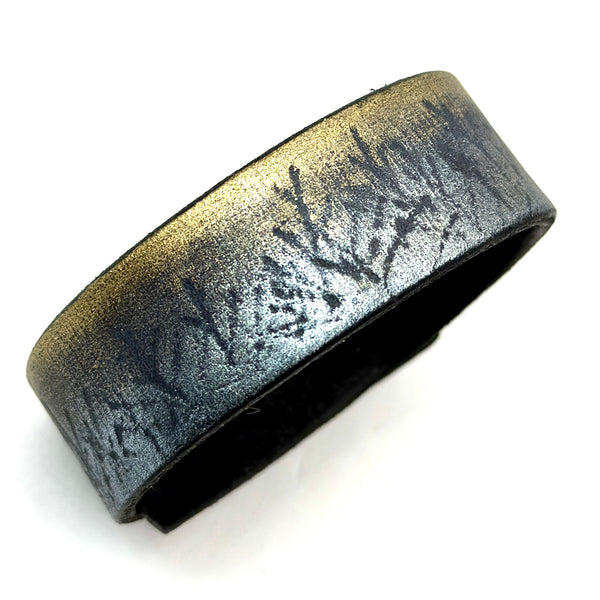 Silver Forest Trees With Gold Sky Leather Cuff Bracelet