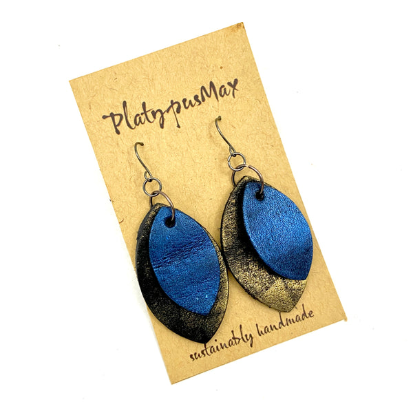 Rustic Modern Pointed Oval Drop Earrings in Dark Silver / Antique Gold / Cobalt Blue - Platypus Max