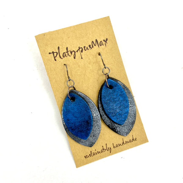 Rustic Modern Pointed Oval Drop Earrings in Dark Silver / Antique Gold / Cobalt Blue - Platypus Max