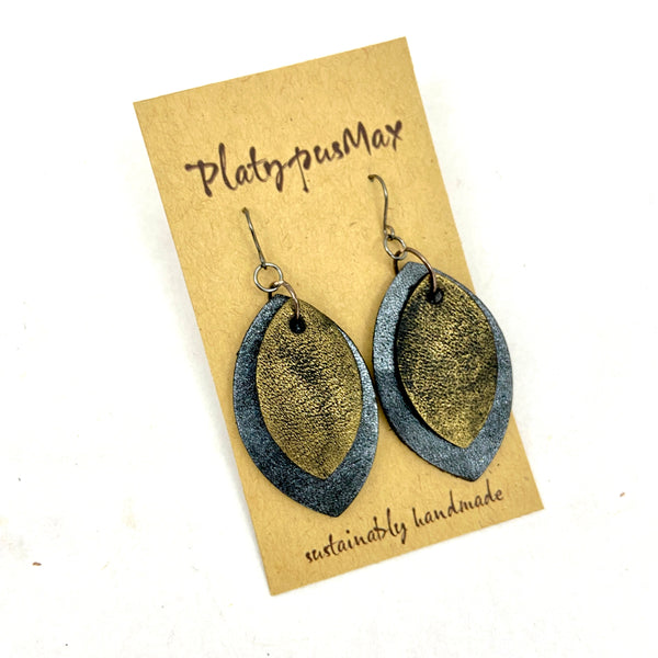 Rustic Modern Pointed Oval Drop Earrings in Dark Silver / Antique Gold / Cobalt Blue - Platypus Max