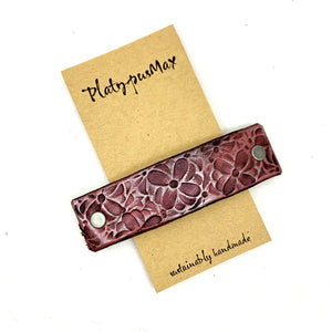 Silver Fuchsia / Pink Flowers Stamped Leather Hair Barrette