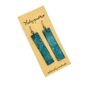 Mermaid Blue Green Spirals Leather Bar Earrings