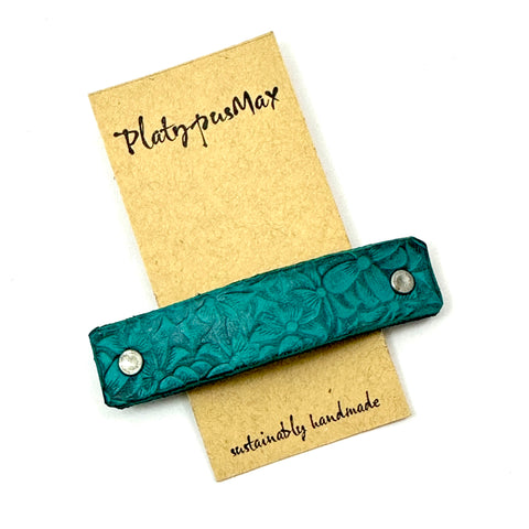 Turquoise and Black Flowers Stamped Leather Hair Barrette