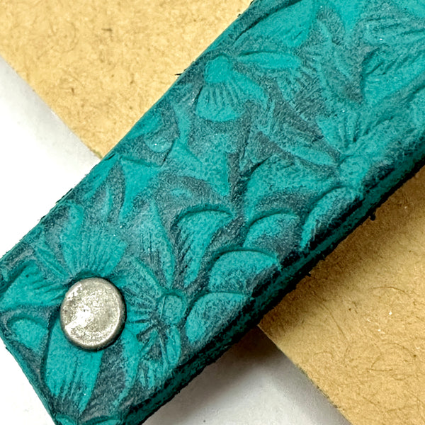 Turquoise and Black Flowers Stamped Leather Hair Barrette
