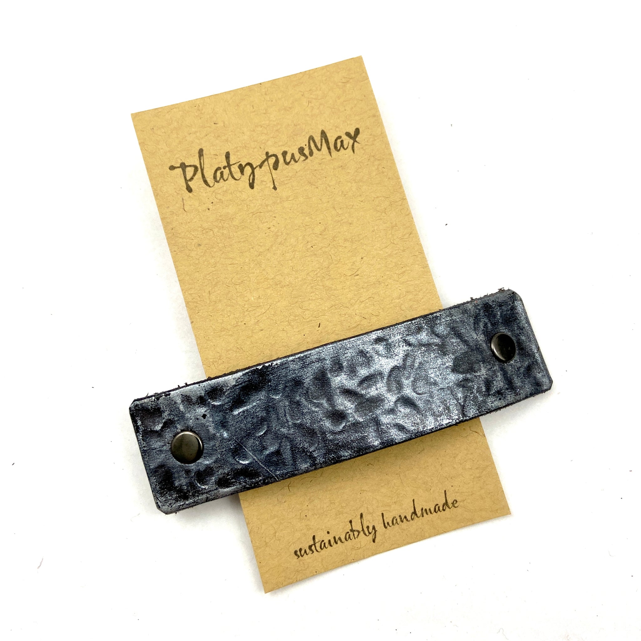 Hammered Gunmetal Barrette, Upcycled Leather, Rustic Style