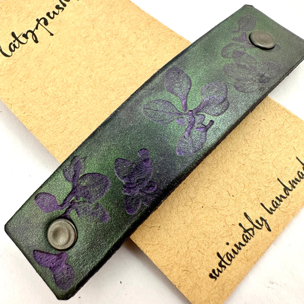 Purple & Green Thyme Leaves Leather Hair Barrette