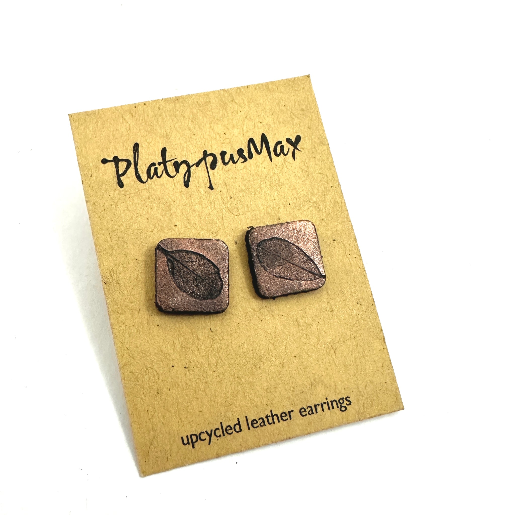 Copper Pressed Leaves Leather Square Stud Earrings
