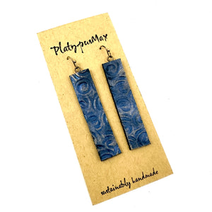 Lapis Blue & Gold Embossed Spirals Leather Bar Earrings