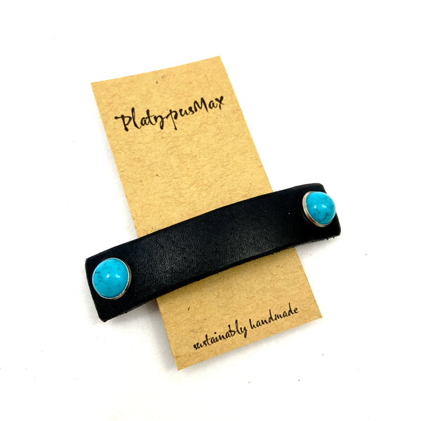 Black Leather Barrette with Turquoise Stone Studs
