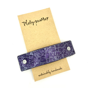 Purple & Silver Flowers Stamped Leather Hair Barrette