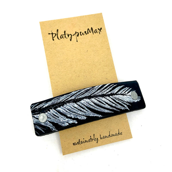 White Feather Print on Black Leather Hair Barrette